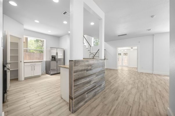 Interior, Kitchen, Recessed Lighting, Stainless Steel Appliances, Wood Texture Flooring