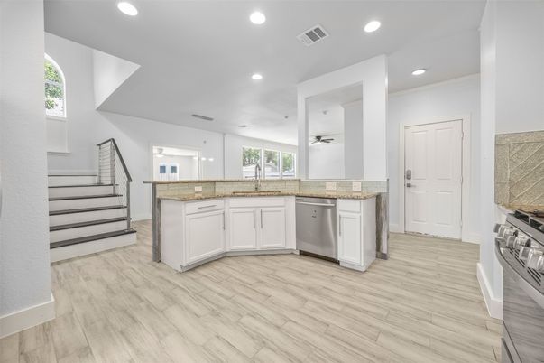 Interior, Kitchen, Recessed Lighting, Stainless Steel Appliances, Wood Texture Flooring