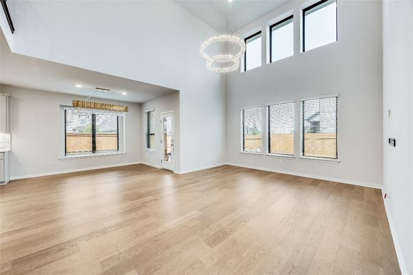 Chandelier, Empty room, Interior, Pendant Lights, Recessed Lighting, Wood Texture Flooring