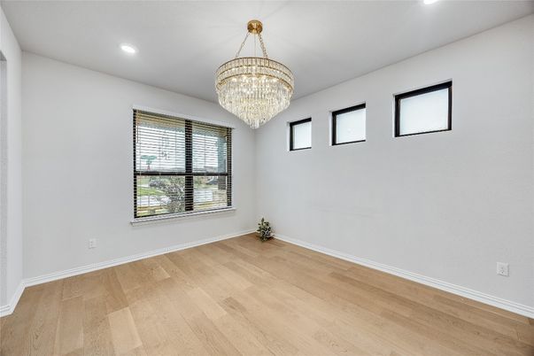 Chandelier, Empty room, Interior, Recessed Lighting, Wood Texture Flooring