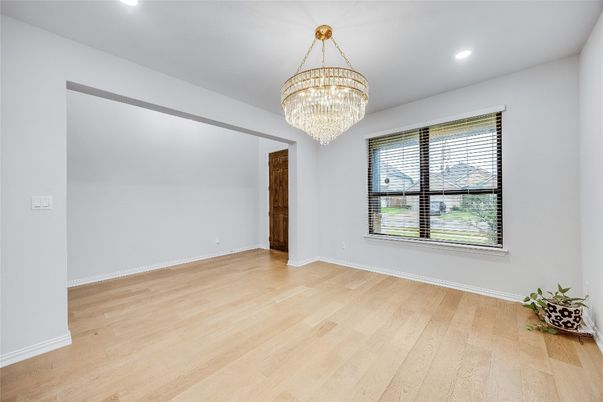 Chandelier, Empty room, Interior, Recessed Lighting, Wood Texture Flooring