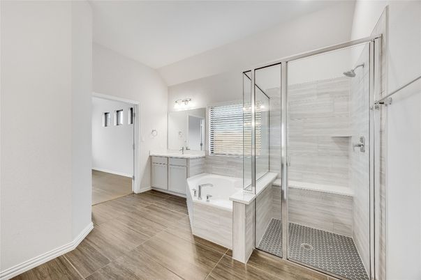 Bathroom, Glass Shower, Interior, Wood Texture Flooring
