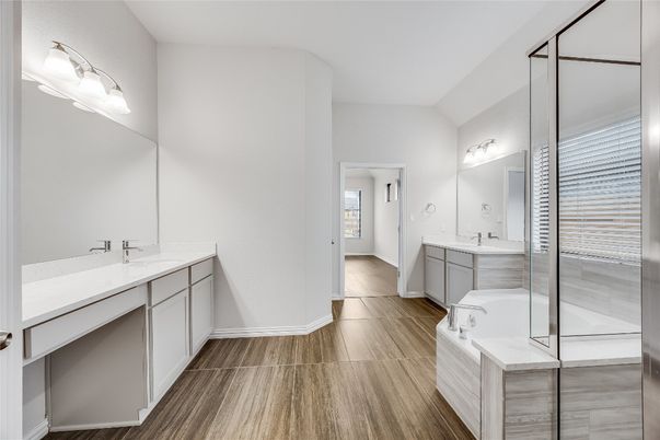 Bathroom, Dual Sink Vanities, Glass Shower, Interior, Wood Texture Flooring