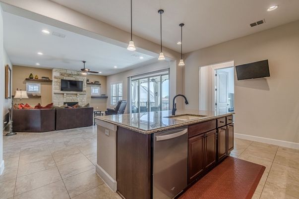 Dining room, Fireplace, Interior, Kitchen, Living room, Pendant Lights, Recessed Lighting, Stone Walls