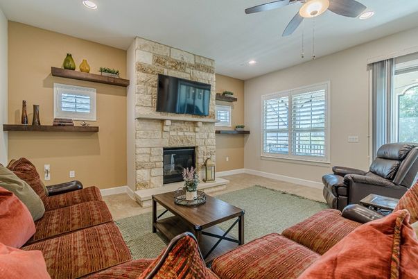 Fireplace, Interior, Living room, Recessed Lighting, Stone Walls