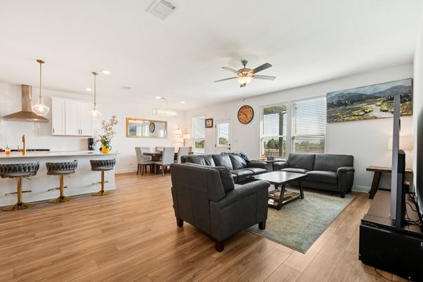 Dining room, Interior, Kitchen, Living room, Pendant Lights, Recessed Lighting, Wood Texture Flooring