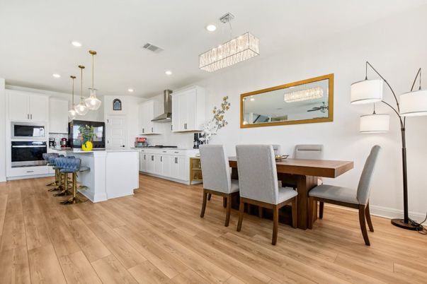 Dining room, Interior, Kitchen, Pendant Lights, Recessed Lighting, Wood Texture Flooring