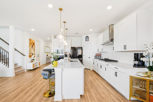 Interior, Kitchen, Pendant Lights, Recessed Lighting, Wood Texture Flooring