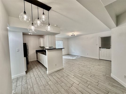 Empty room, Interior, Kitchen, Pendant Lights, Wood Texture Flooring