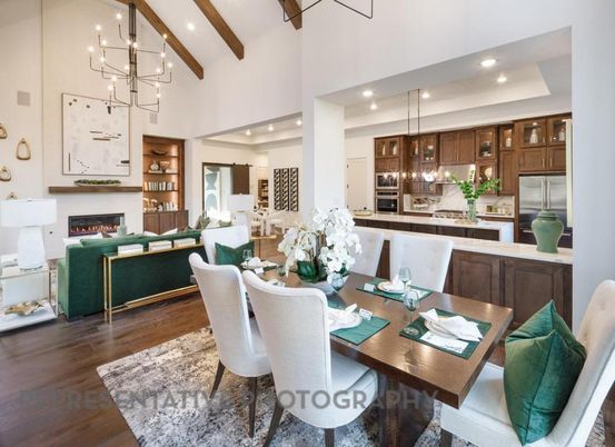Chandelier, Dining room, Fireplace, Interior, Kitchen, Living room, Pendant Lights, Recessed Lighting, Stainless Steel Appliances, Wooden Beams, Wood Texture Flooring