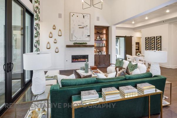 Dining room, Fireplace, Interior, Living room, Pendant Lights, Recessed Lighting, Wood Texture Flooring