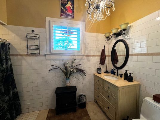 Bathroom, Chandelier, Interior, Stone Walls