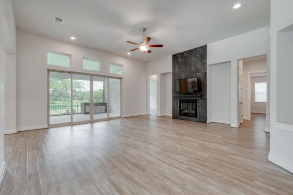 Empty room, Fireplace, Interior, Recessed Lighting, Wood Texture Flooring