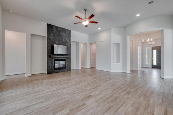Empty room, Fireplace, Interior, Recessed Lighting, Wood Texture Flooring