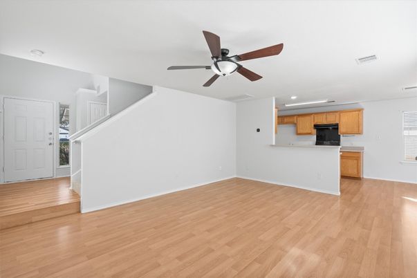Empty room, Interior, Kitchen, Recessed Lighting, Wood Texture Flooring