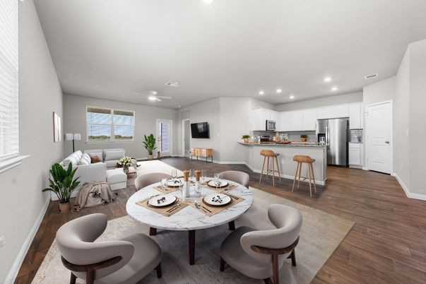 Dining room, Interior, Kitchen, Living room, Recessed Lighting, Stainless Steel Appliances, Wood Texture Flooring