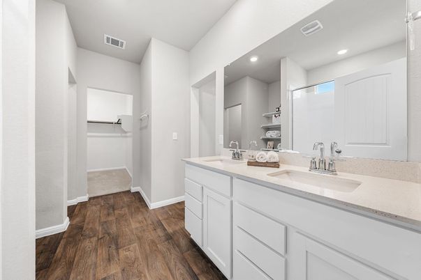 Bathroom, Dual Sink Vanities, Interior, Recessed Lighting, Wood Texture Flooring
