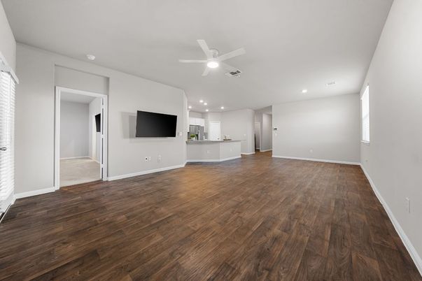 Empty room, Interior, Kitchen, Recessed Lighting, Wood Texture Flooring
