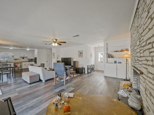 Dining room, Fireplace, Interior, Kitchen, Living room, Stone Walls, Wood Texture Flooring