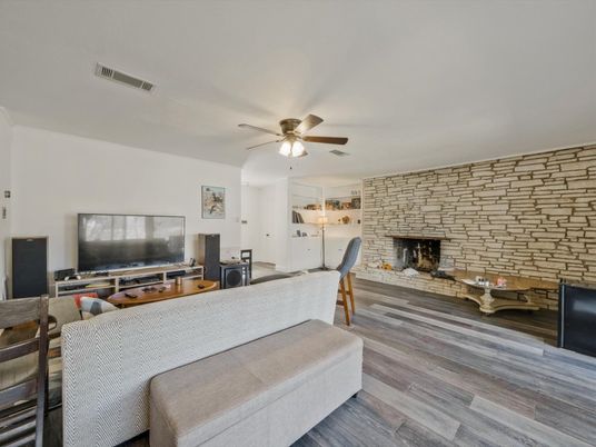 Fireplace, Interior, Living room, Stone Walls, Wood Texture Flooring