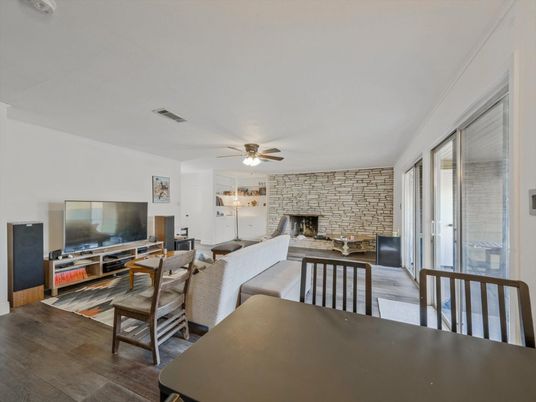 Dining room, Fireplace, Interior, Living room, Stone Walls, Wood Texture Flooring