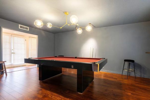 Billiard Table, Game Room, Interior, Pendant Lights, Wood Texture Flooring