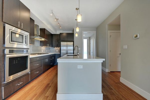 Interior, Kitchen, Pendant Lights, Stainless Steel Appliances, Wood Texture Flooring