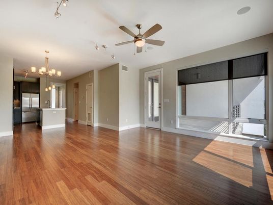 Chandelier, Empty room, Interior, Kitchen, Stainless Steel Appliances, Wood Texture Flooring