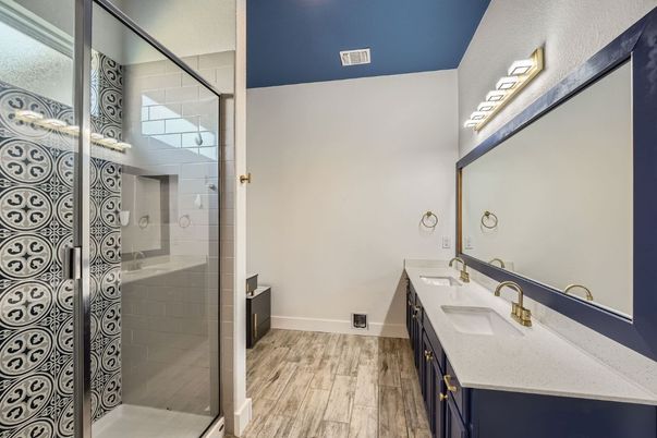 Bathroom, Glass Shower, Interior, Wood Texture Flooring