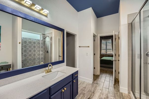 Bathroom, Glass Shower, Interior, Wood Texture Flooring