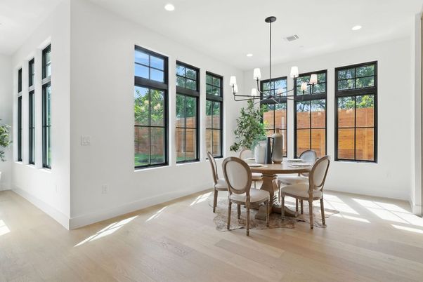 Dining room, Interior, Pendant Lights, Recessed Lighting, Wood Texture Flooring