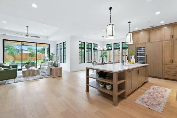 Dining room, Interior, Kitchen, Living room, Pendant Lights, Recessed Lighting, Stainless Steel Appliances, Wood Texture Flooring