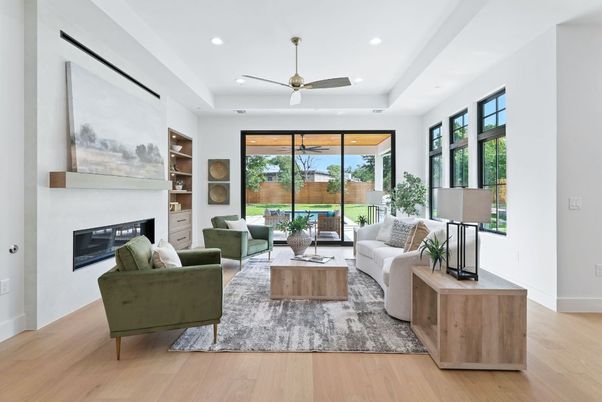 Fireplace, Interior, Living room, Recessed Lighting, Wood Texture Flooring