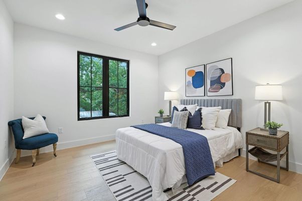 Bedroom, Interior, Recessed Lighting, Wood Texture Flooring