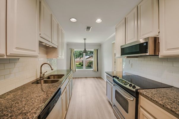 Interior, Kitchen, Pendant Lights, Recessed Lighting, Stainless Steel Appliances, Wood Texture Flooring
