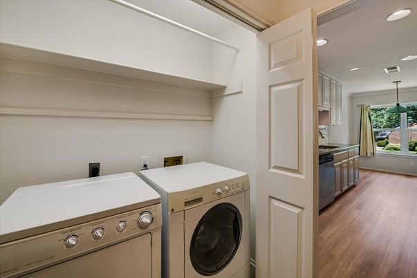 Interior, Pendant Lights, Recessed Lighting, Utility Closets, Washer, Wood Texture Flooring