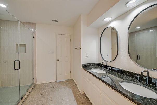 Bathroom, Dual Sink Vanities, Glass Shower, Interior, Recessed Lighting