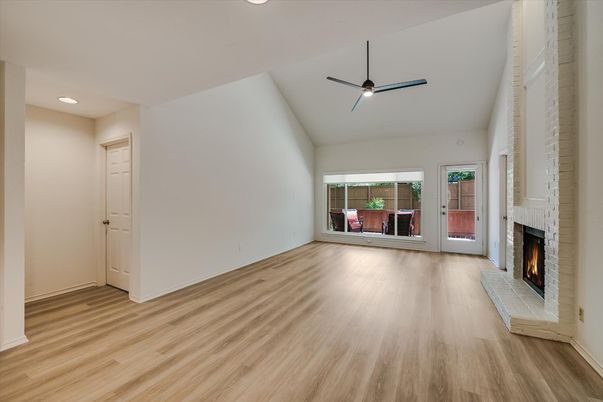 Empty room, Fireplace, Interior, Recessed Lighting, Wood Texture Flooring