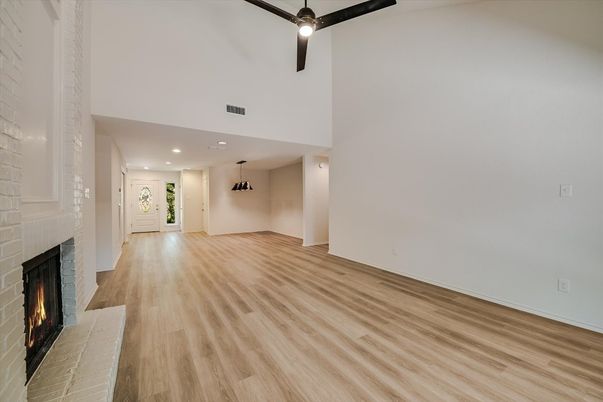 Empty room, Fireplace, Interior, Recessed Lighting, Wood Texture Flooring