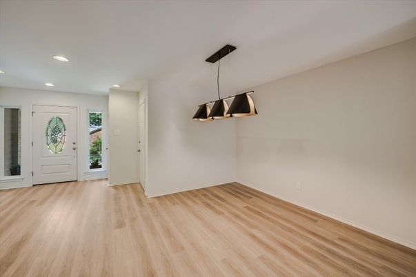 Empty room, Interior, Pendant Lights, Recessed Lighting, Wood Texture Flooring