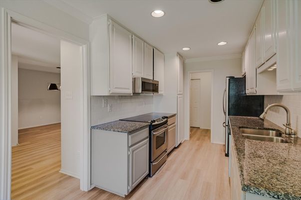 Interior, Kitchen, Recessed Lighting, Stainless Steel Appliances, Wood Texture Flooring