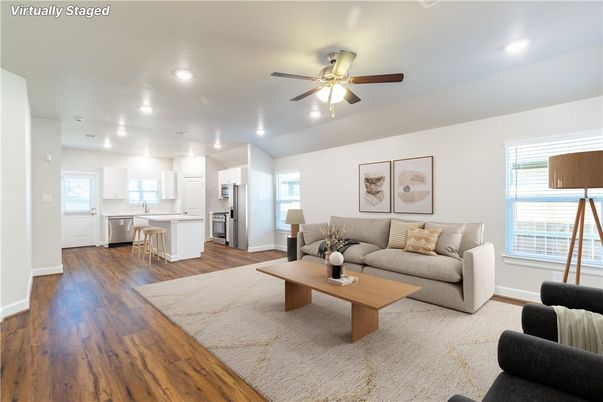 Interior, Kitchen, Living room, Recessed Lighting, Wood Texture Flooring
