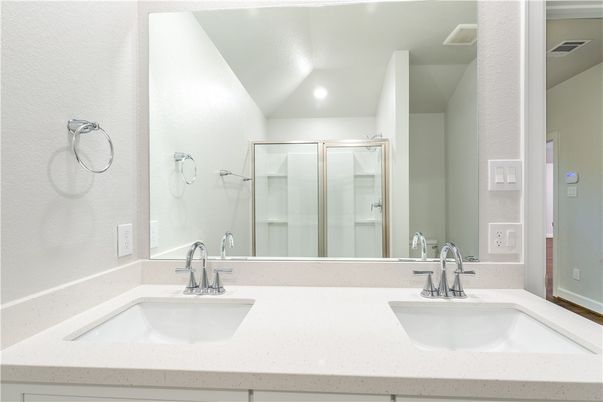Bathroom, Dual Sink Vanities, Glass Shower, Interior, Recessed Lighting