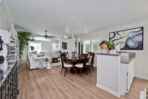 Dining room, Interior, Living room, Pendant Lights, Wood Texture Flooring