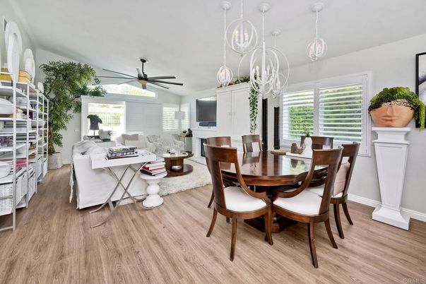 Dining room, Interior, Living room, Pendant Lights, Wood Texture Flooring