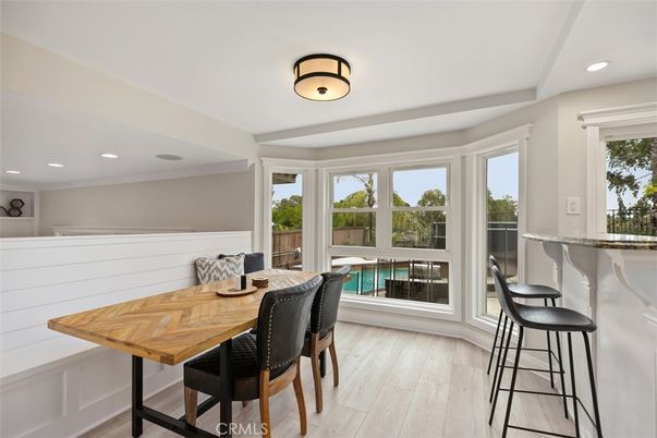 Dining room, Interior, Recessed Lighting, Wood Texture Flooring