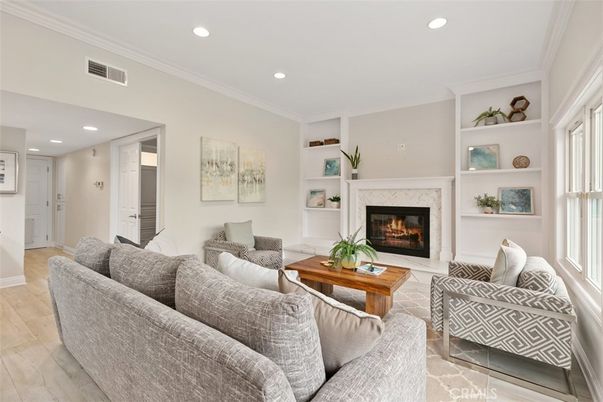 Fireplace, Interior, Living room, Recessed Lighting, Wood Texture Flooring