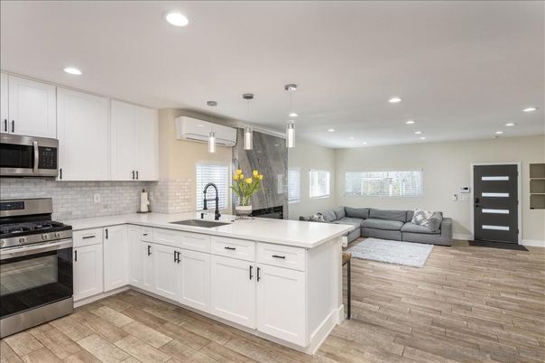 Interior, Kitchen, Living room, Pendant Lights, Recessed Lighting, Stainless Steel Appliances, Wood Texture Flooring