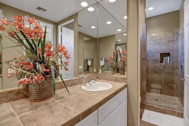 Bathroom, Glass Shower, Interior, Recessed Lighting, Tile Countertops