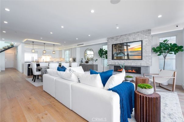 Dining room, Fireplace, Interior, Kitchen, Living room, Pendant Lights, Recessed Lighting, Stone Walls, Wood Texture Flooring